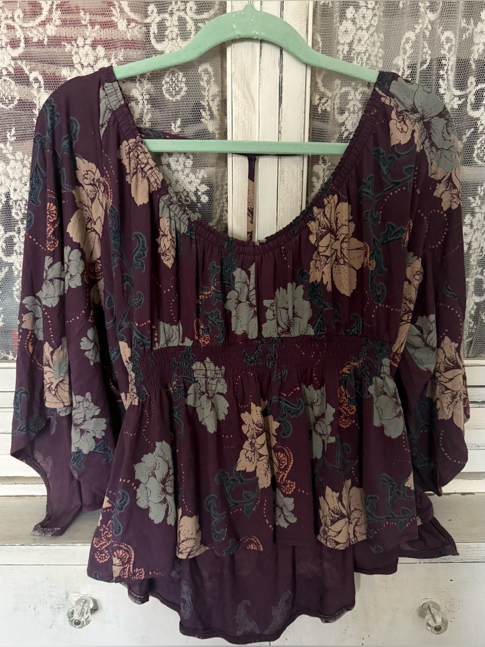 Free People Plum Floral Boho Peasant Blouse